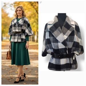 ALYX Wool Blend Buffalo Plaid Belted Capelet Cape Jacket in Black Size Small